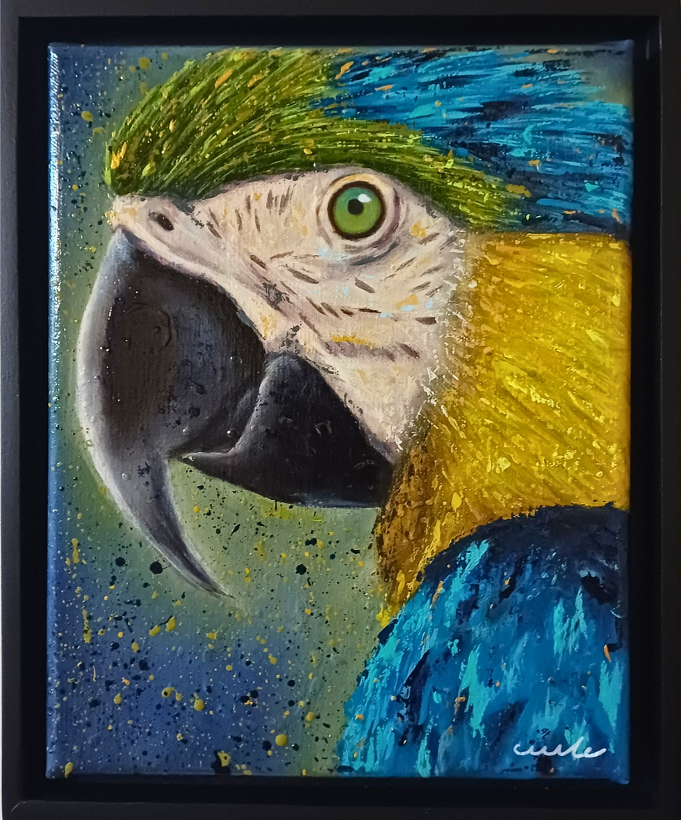 Tableau perroquet impressionniste bleu et or, peinture acrylique signée Curle