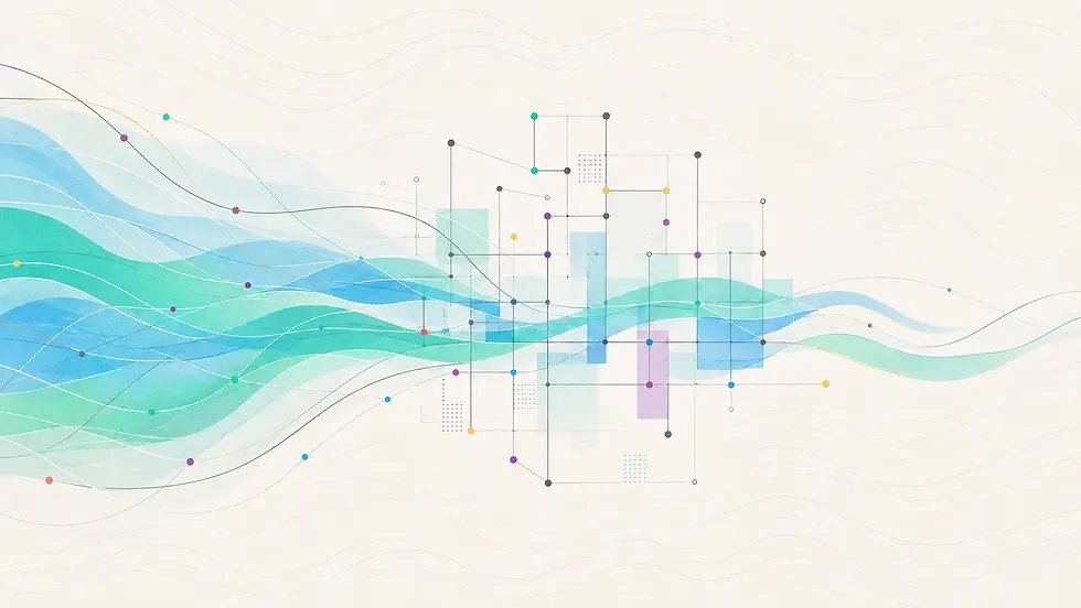 SGP blue and teal demand streams converge through a partially formed organisational network, representing interest arriving before a new school's systems are ready.