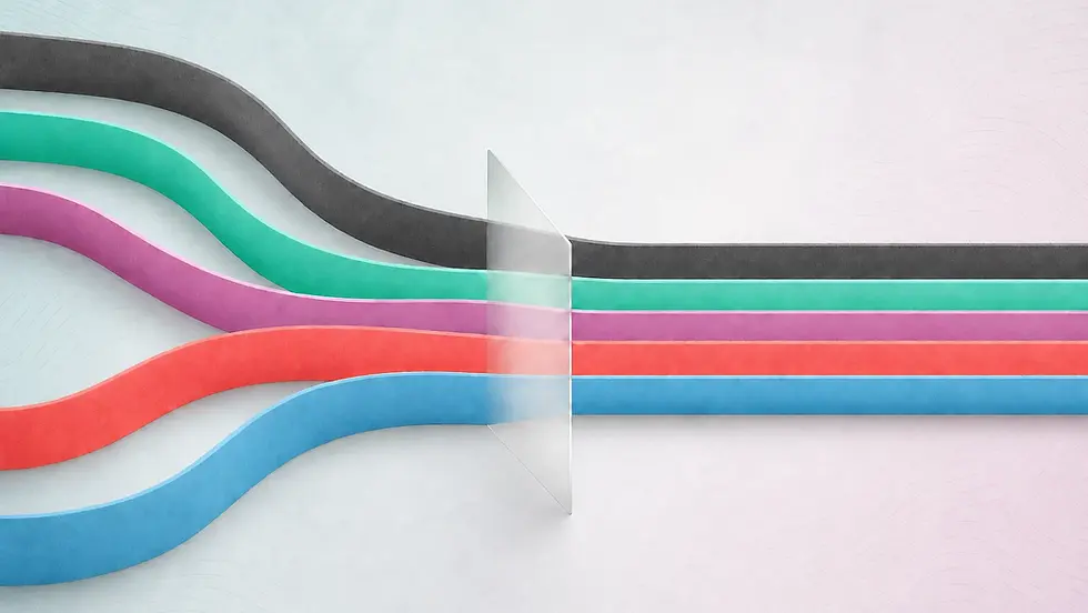 Five distinct paths become aligned through one central relationship against a light field of subtle contour waves.