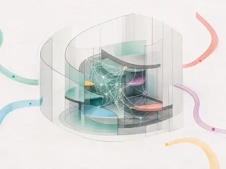 Conceptual illustration of a richly connected school structure whose colourful external pathways pass nearby without fully reaching its internal value