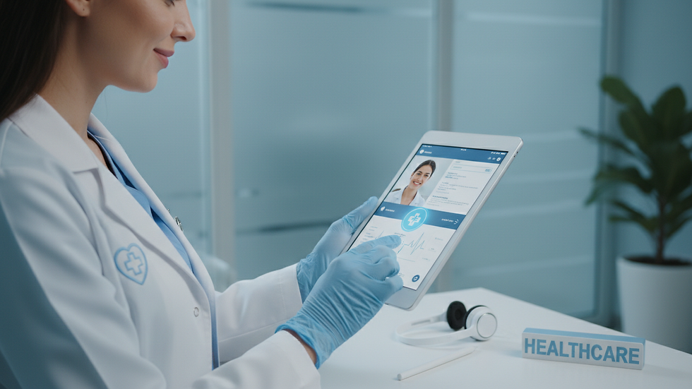 Close-up view of a healthcare professional using a tablet for telehealth services