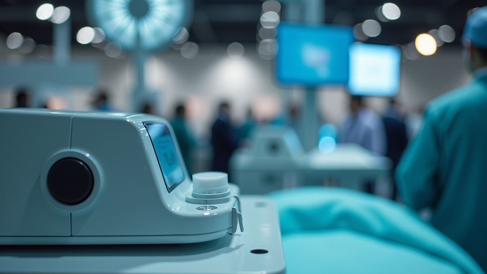 Close-up view of a medical device on display at a sales conference