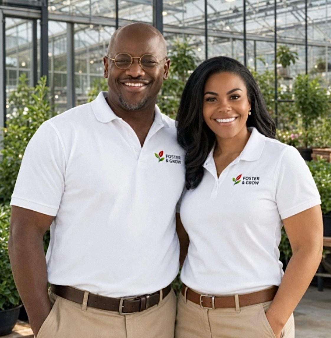 Foster & Grow founders Booker and Roshaunda pictured together in a greenhouse