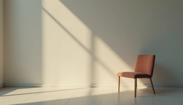 Eye-level view of a single empty chair in a quiet room with soft natural light