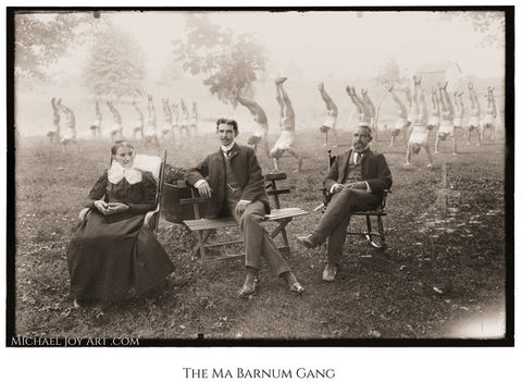 Three people seated, watching many acrobats; "The Mae Barnum Gang"