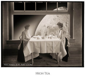 Two women enjoy High Tea by a large window, MichaelJoyArt