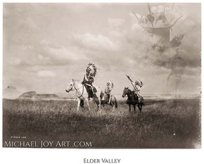 Three Native American horseback riders, Elder Valley, MichaelJoyArt