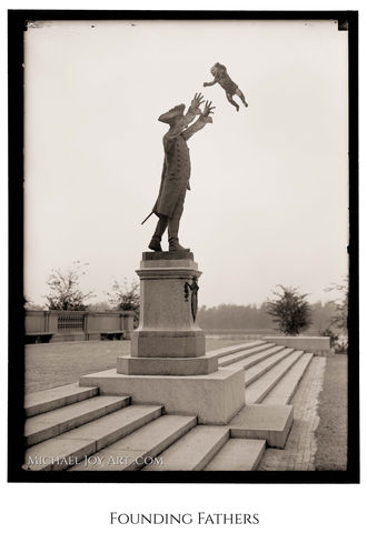 Statue tossing child, monochrome photograph