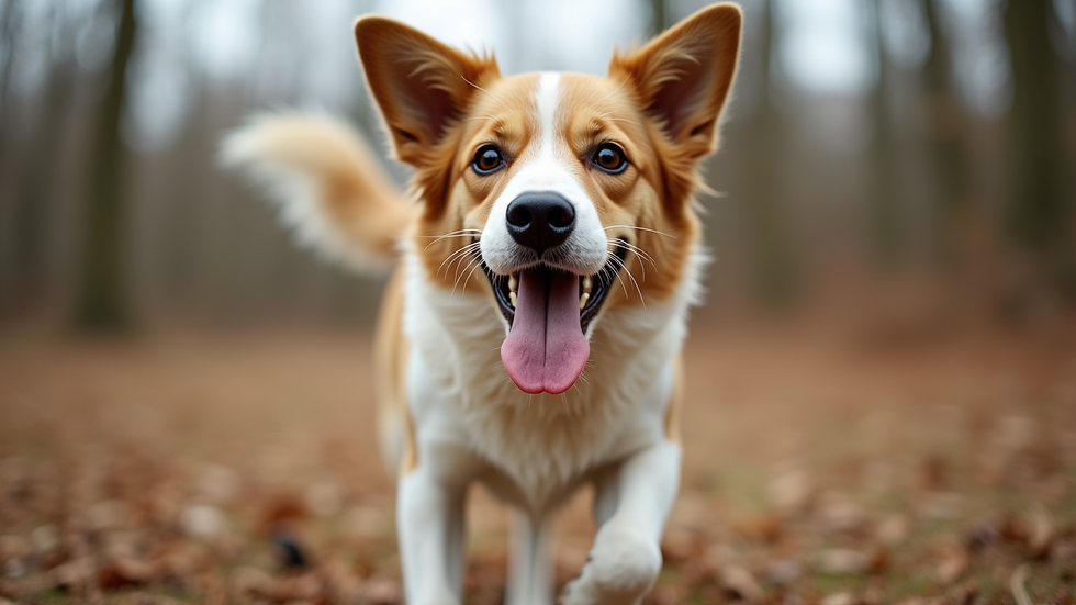 Eye-level view of a dog wagging its tail happily
