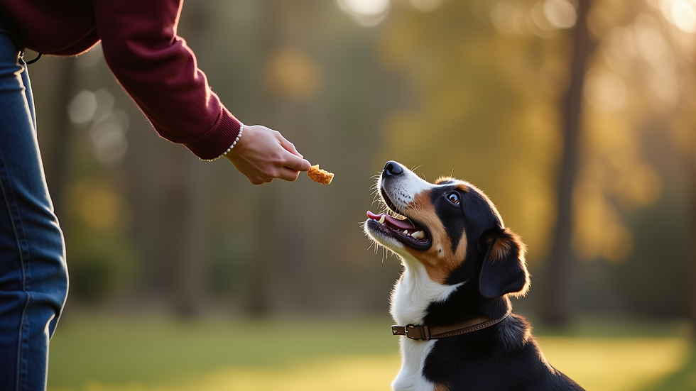 Eye-level view of a pet owner giving a treat to a dog