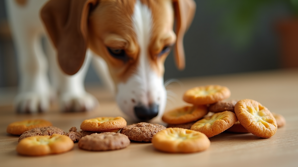 Eye-level view of a variety of pet snacks arranged on a wooden table