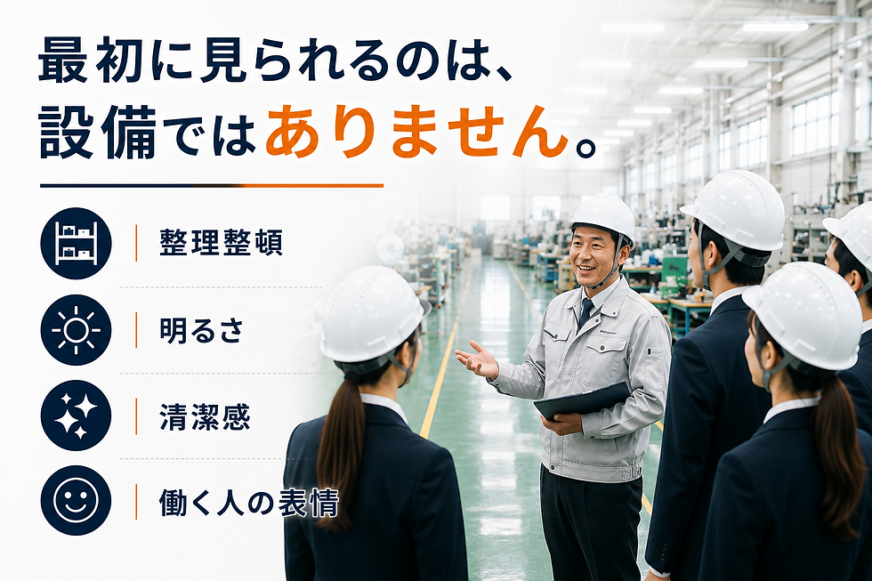整理整頓、明るさ、清潔感、働く人の表情など、工場見学で応募者が見ているポイントを紹介した画像。