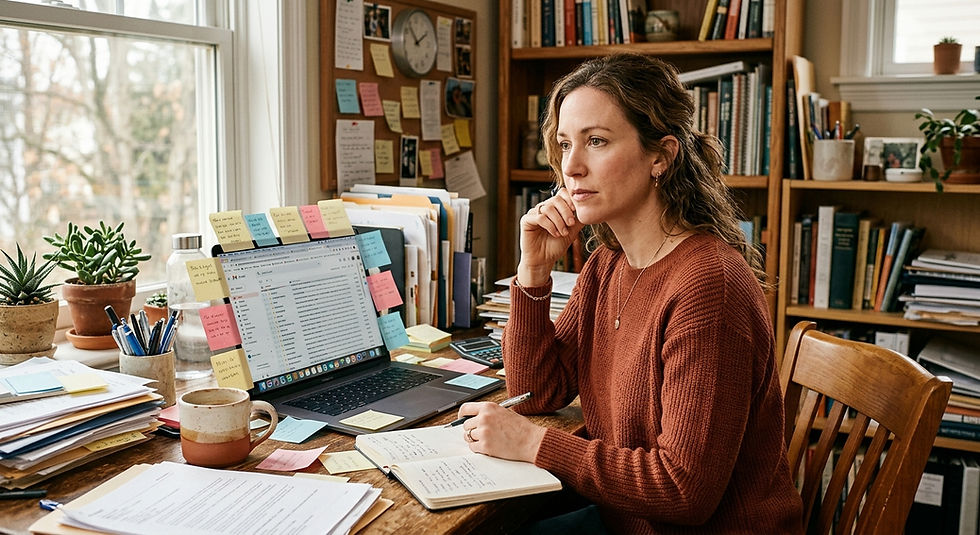 Woman entrepreneur sitting at a cluttered desk, overwhelmed, illustrating late-diagnosed ADHD in women in a blog post by Asi Efros