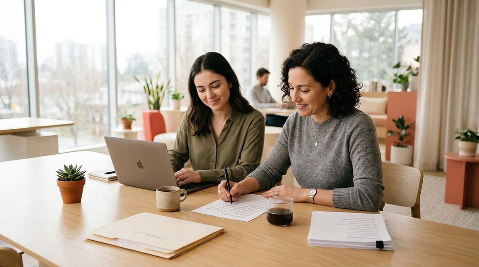 Woman founder writing a step-by-step procedure at her desk while a team member follows along, illustrating how to write an SOP in the blog post by Asi Efros