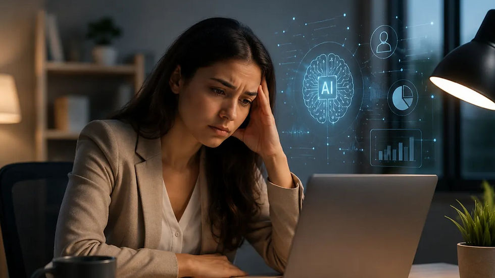 Woman looking out a window with a calm, contemplative expression, illustrating AI anxiety and what's actually hers to worry about in the blog post by Asi Efros