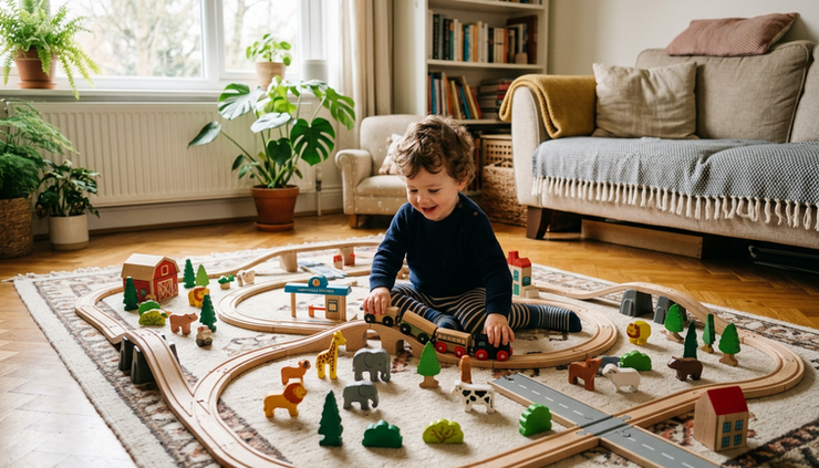 Wide-angle view of a child playing with a wooden train set and animal figures on the floor.