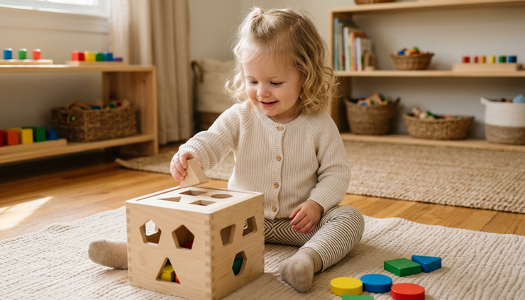 Eye-level view of a toddler matching wooden shapes on a play mat