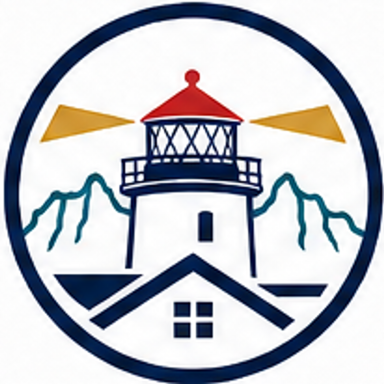 Circular lighthouse logo with roofline and beams