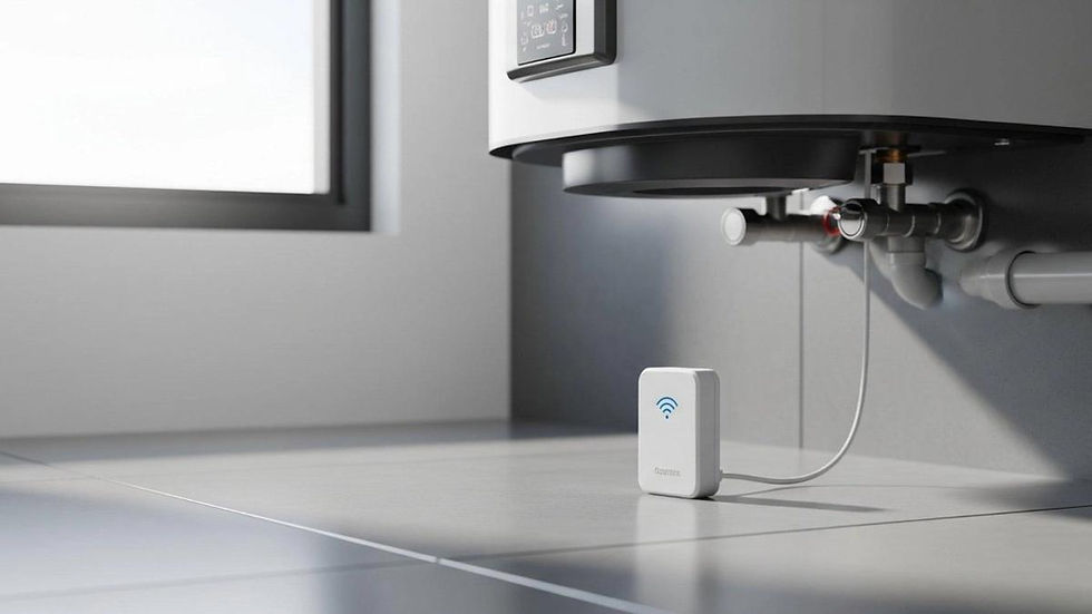 Landscape photo of a smart water leak sensor on a tile floor under a water heater, minimal modern interior, focus on small device with Wi-Fi icon