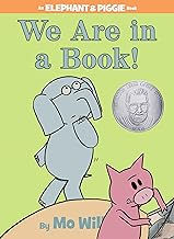 A pig is writing and an elephant is looking upward, thinking, beneath the title We Are in a Book