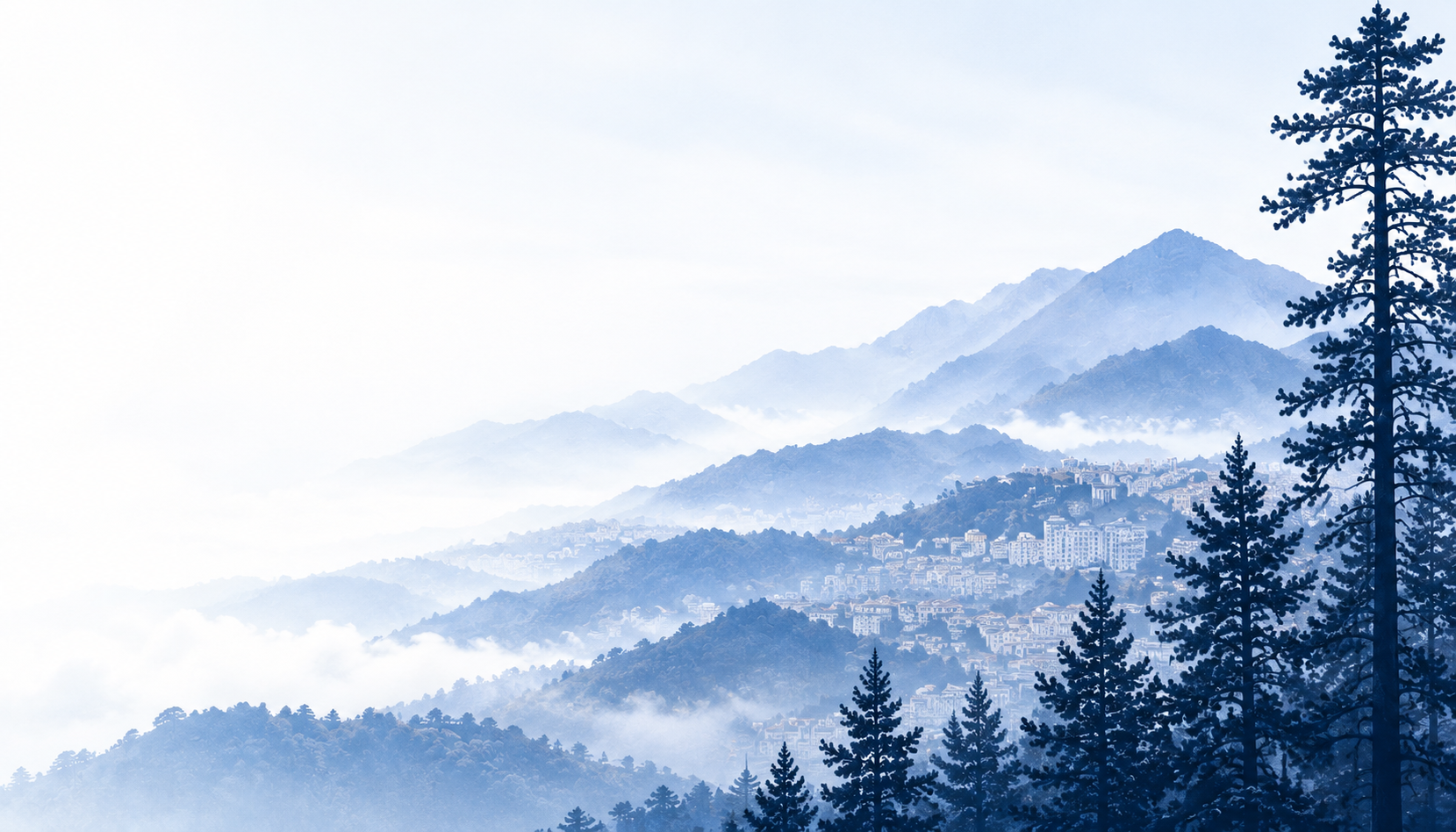 Misty blue Baguio mountains and hillside town framed by navy pine trees, matching the Team Alpha business card