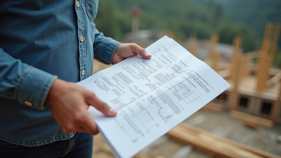 Close-up view of a builder’s hands holding blueprints on a construction site in Baguio