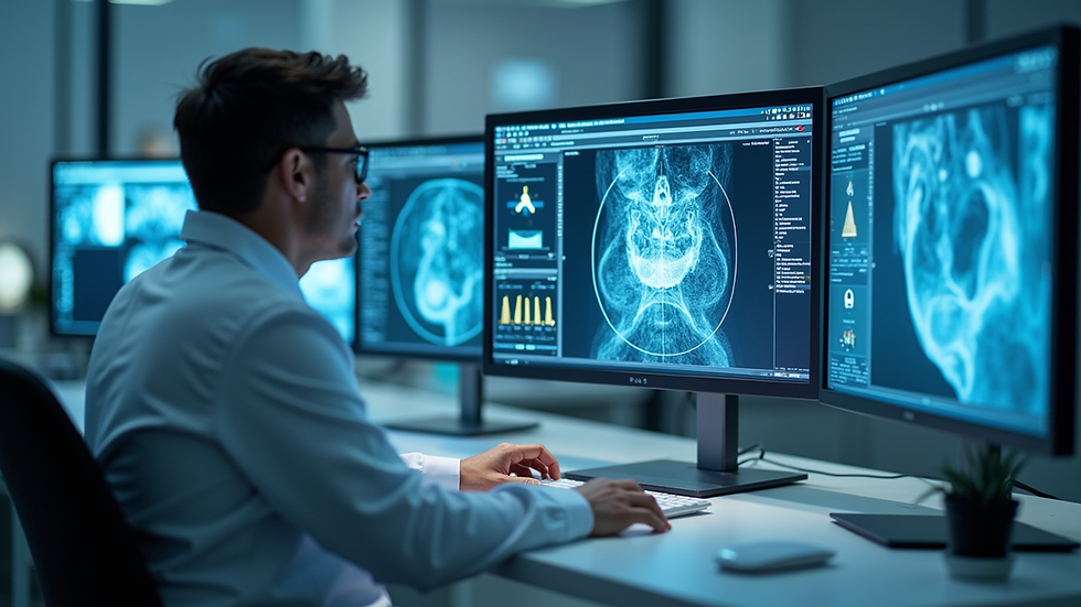 Eye-level view of a modern clinical workspace with AI diagnostic tools