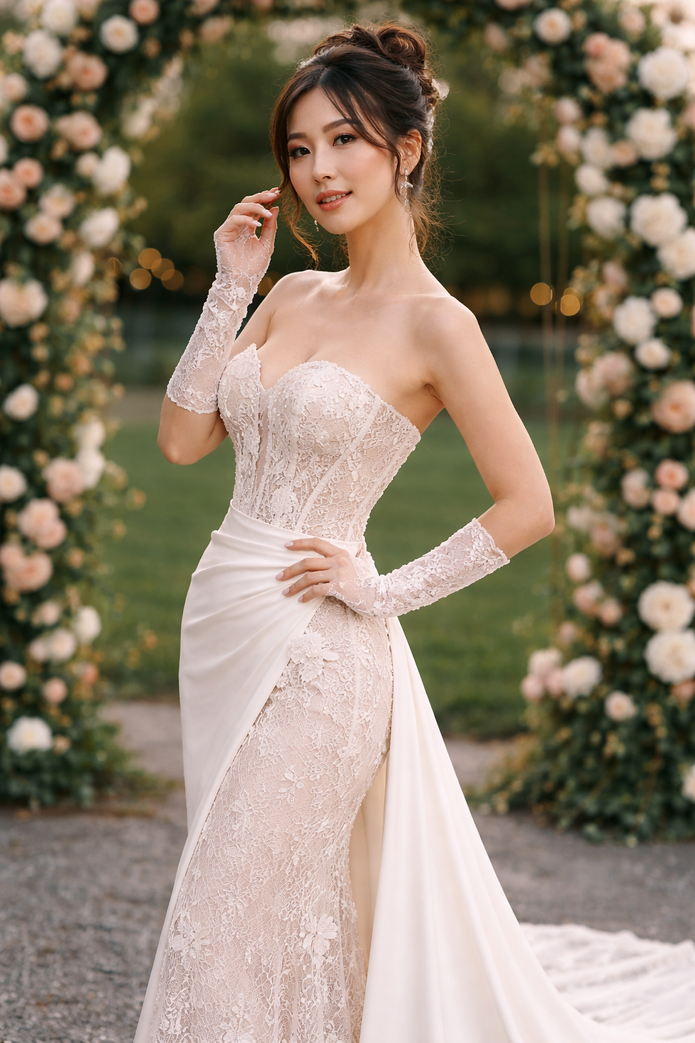 Thumbnail: Orelia Wedding Dress – 3D Lace Mermaid Gown with Detachable Overlay Skirt