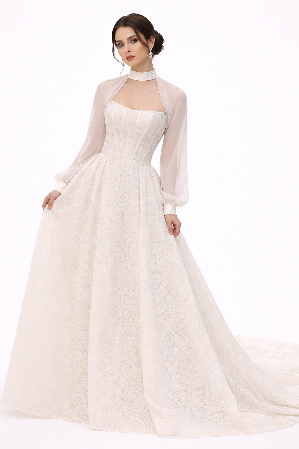 Thumbnail: Quintesa Wedding Dress – Floral Print Organza A-Line Gown with Detachable Cape