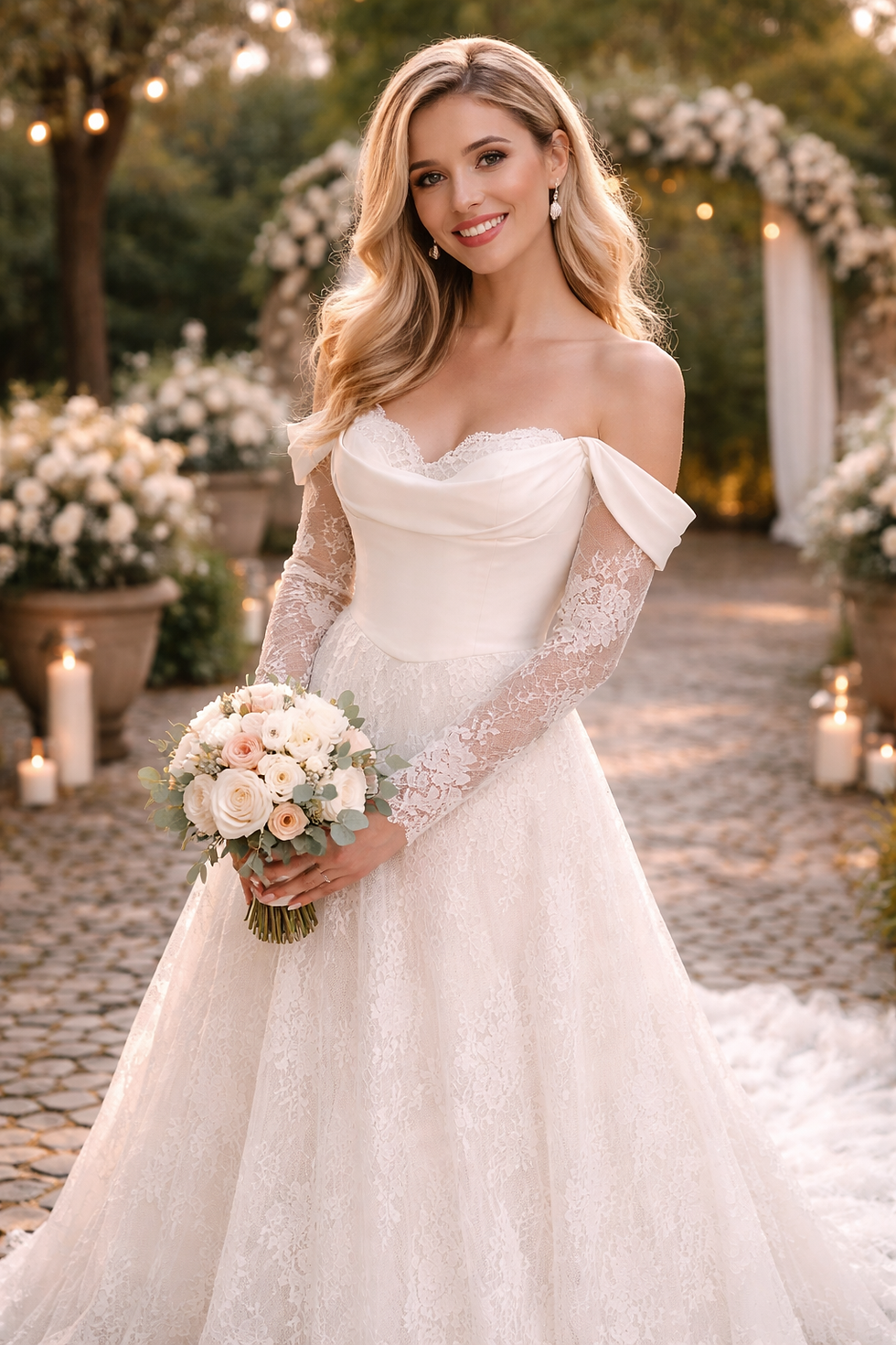 Thumbnail: George – Chantilly Lace Wedding Dress with Detachable Lace Jacket