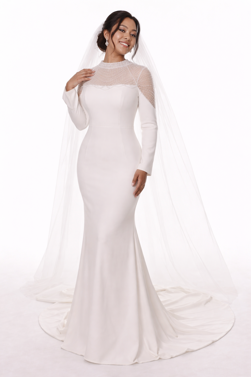 Thumbnail: Jayda Wedding Dress – Sparkling High Neck Beaded Mesh Gown with Long Sleeves & C