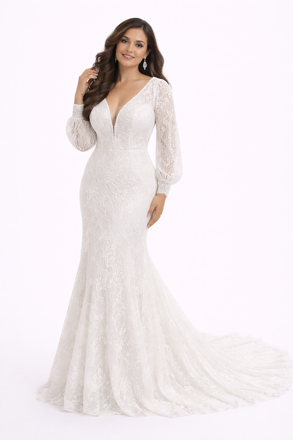 Thumbnail: Amelie – Boho Lace A-Line Wedding Dress with Long Sleeves & Plunging V Neckline