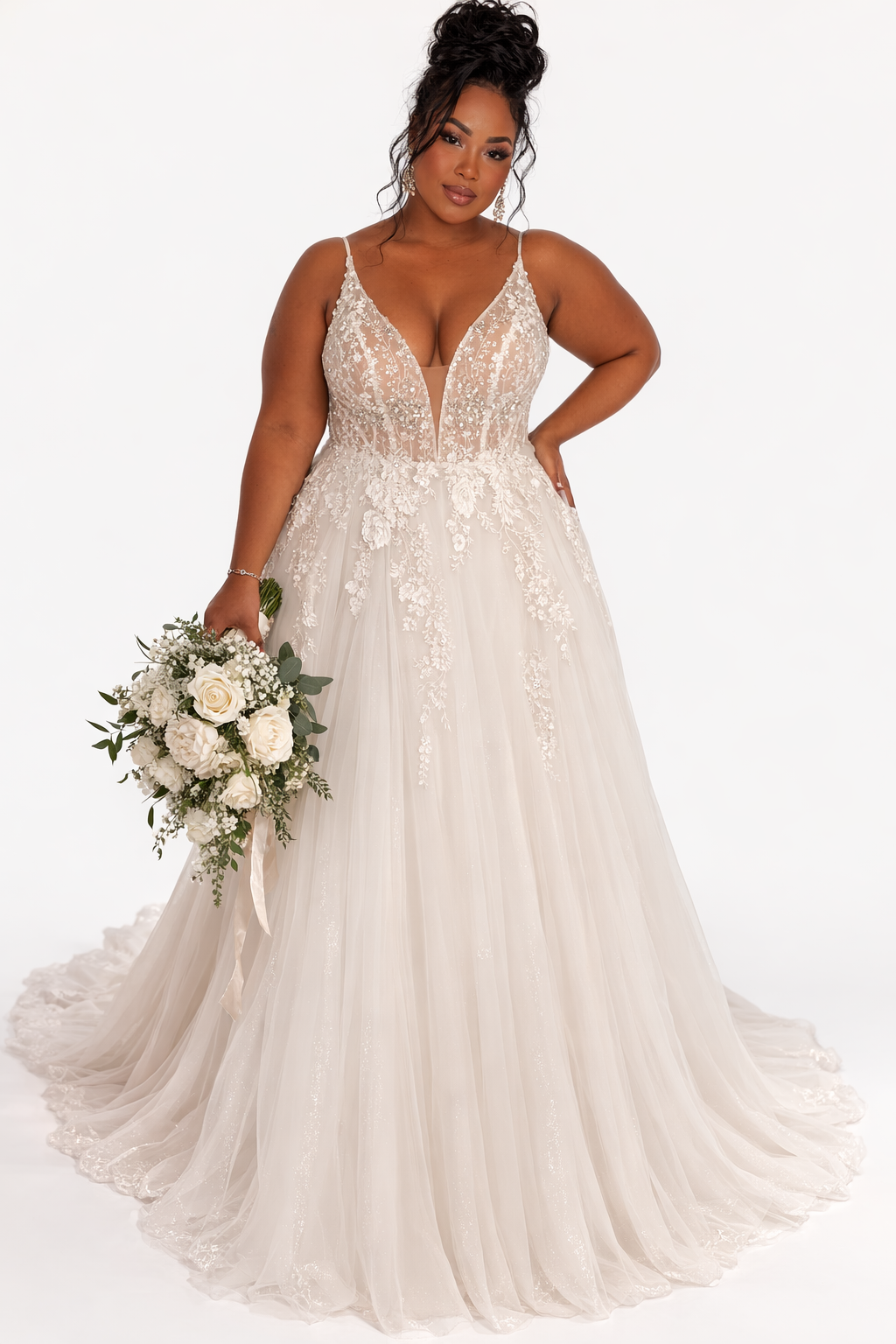 Liv – Elegant Ball Gown Wedding Dress with Deep V-Neckline and Sequined Bodice
