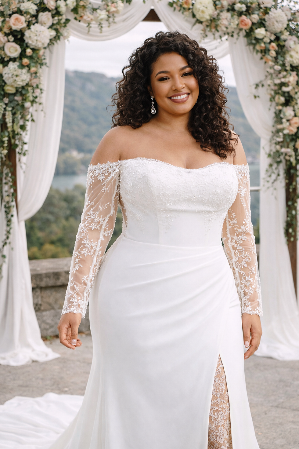 Thumbnail: Myrtle Wedding Dress – Modern Glam Off-Shoulder Gown with Thigh-High Slit & Lace
