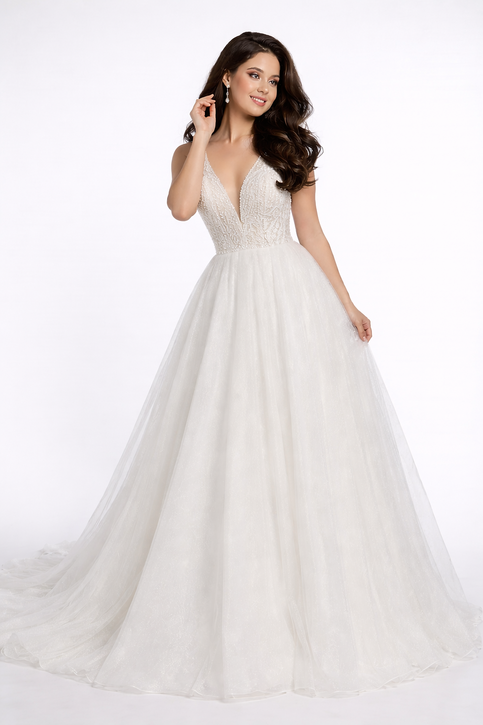 Thumbnail: Beatrice – Shimmering Tulle A-Line Wedding Dress with Deep V Neckline