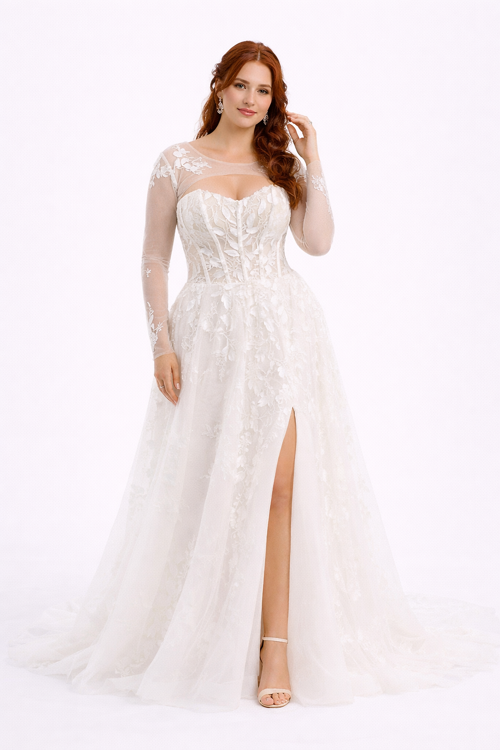 Thumbnail: Arya Wedding Dress – Sweetheart Lace Appliqué A-Line Gown with High Slit