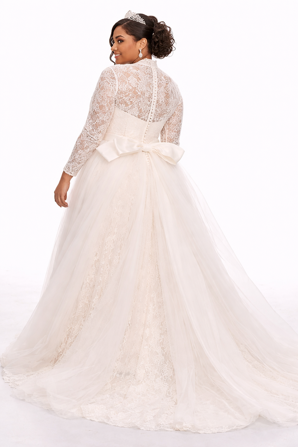 Thumbnail: Twila Wedding Dress – Elegant High Neck Sheath Gown with Detachable Sheer Train