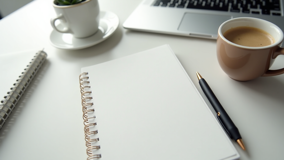 High angle view of a minimalist workspace with a notebook and coffee cup