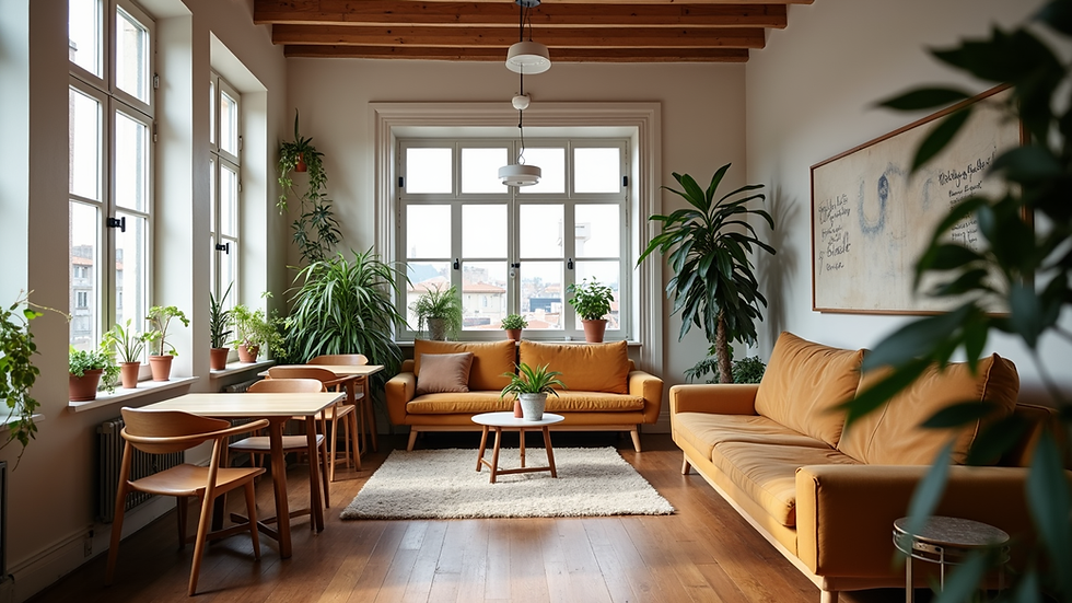 High angle view of a cozy coworking space in Lisbon with natural light