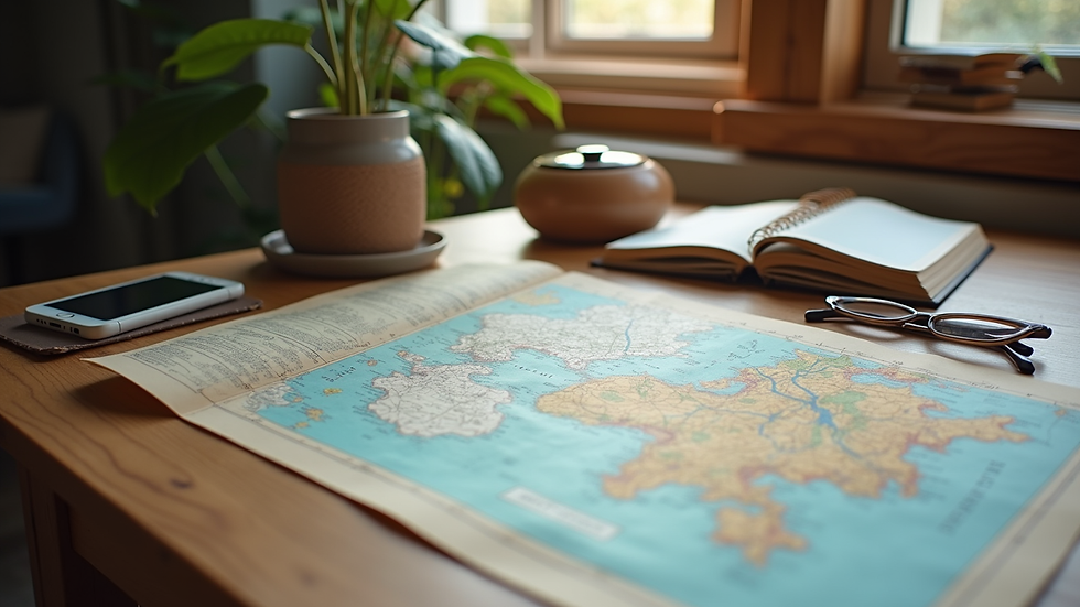Wide angle view of a cozy workspace with a map and travel planning materials