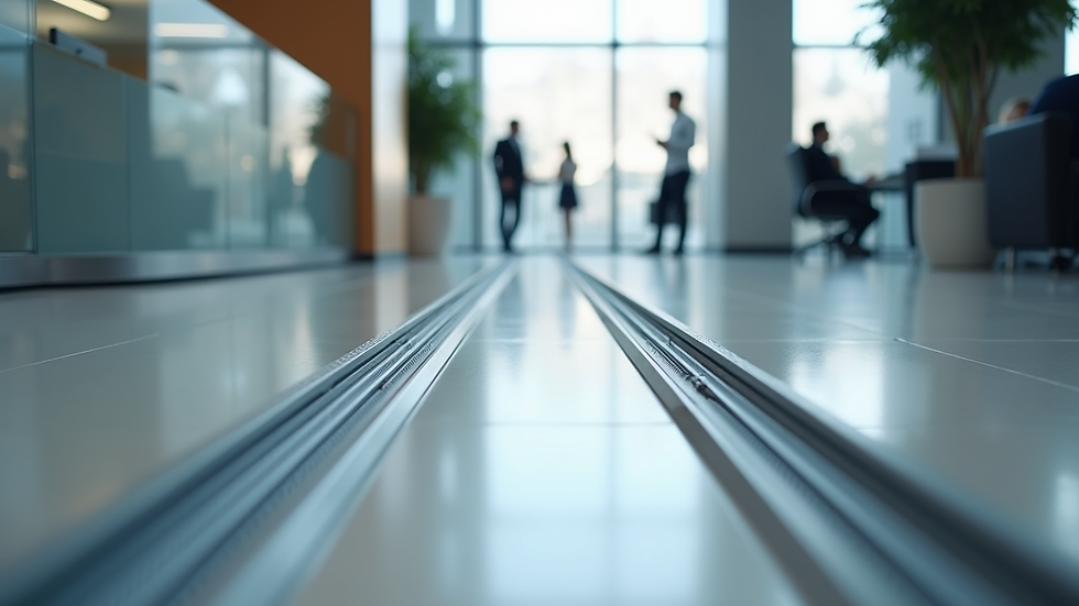 High angle view of aluminum cable channels installed in a modern office floor