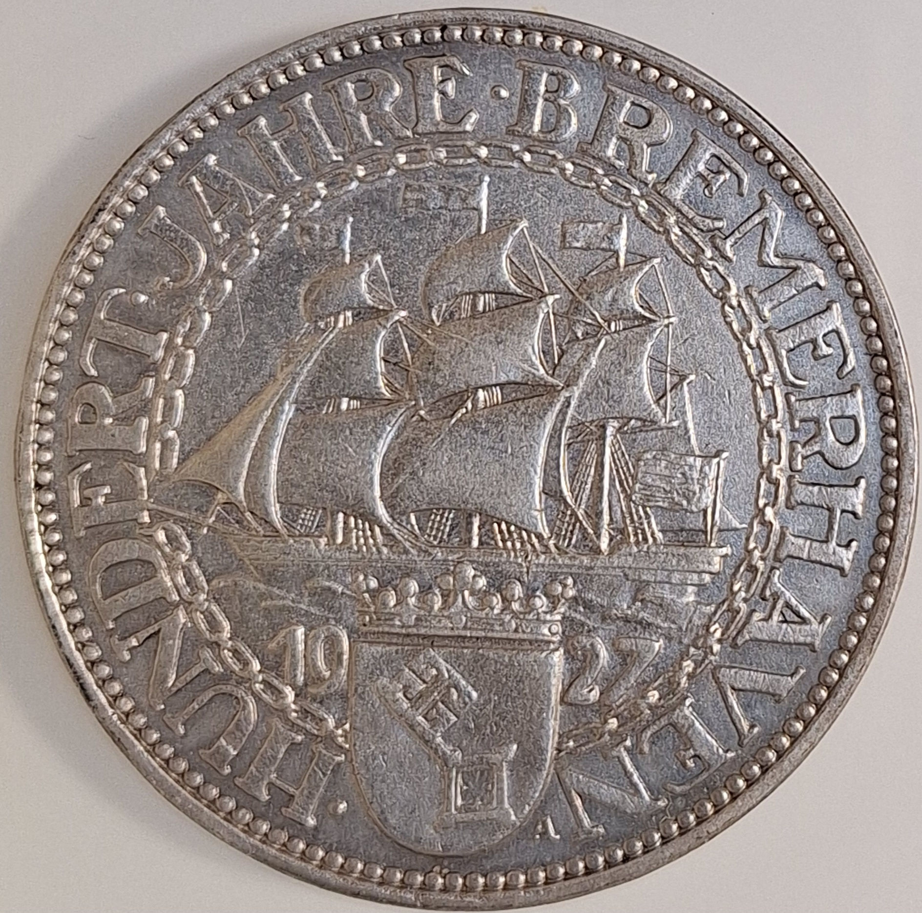 5 Reichsmark Bremerhaven 1927 A ss/vz, 32627A-2-5