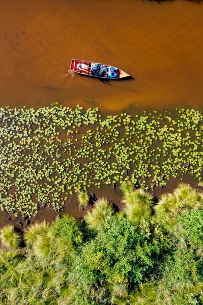 Barque vue du ciel au Lac de Léon. Photographie d'art des Landes, Cliché Salé.