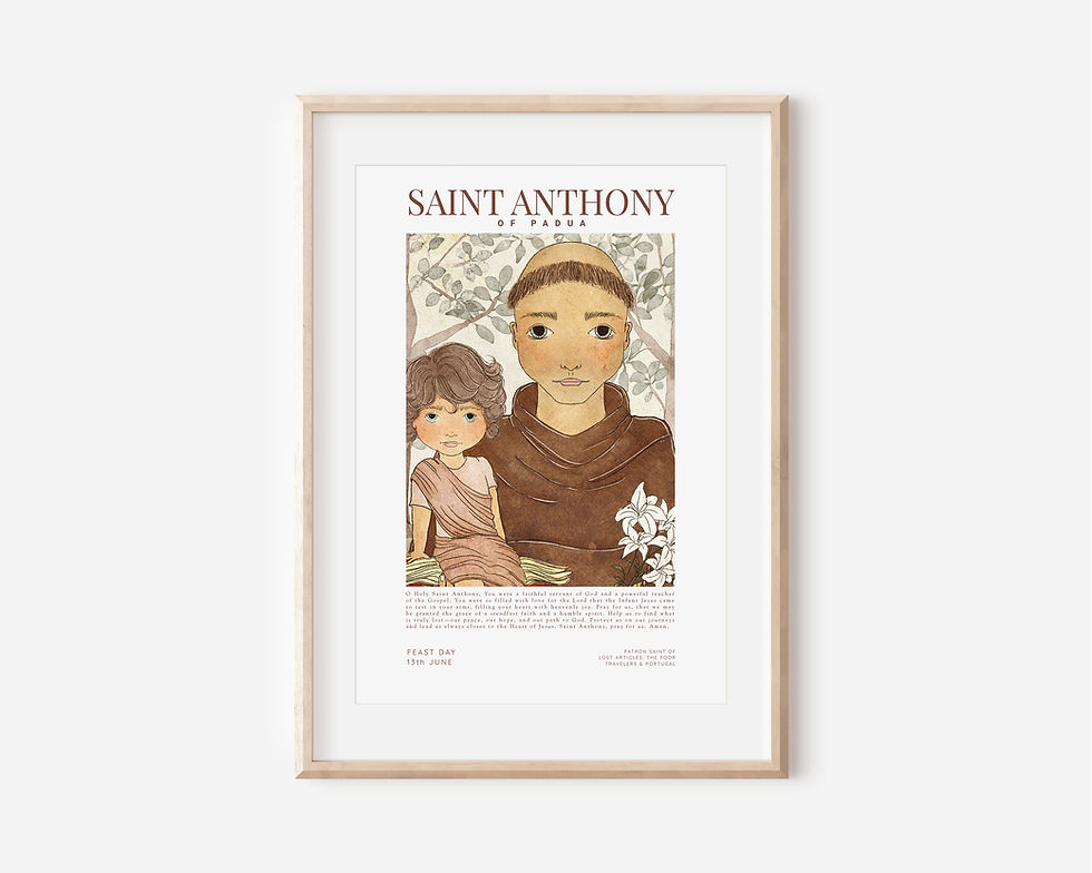 Saint Anthony of Padua illustrated art poster with a traditional prayer in a light wooden frame by only child art club