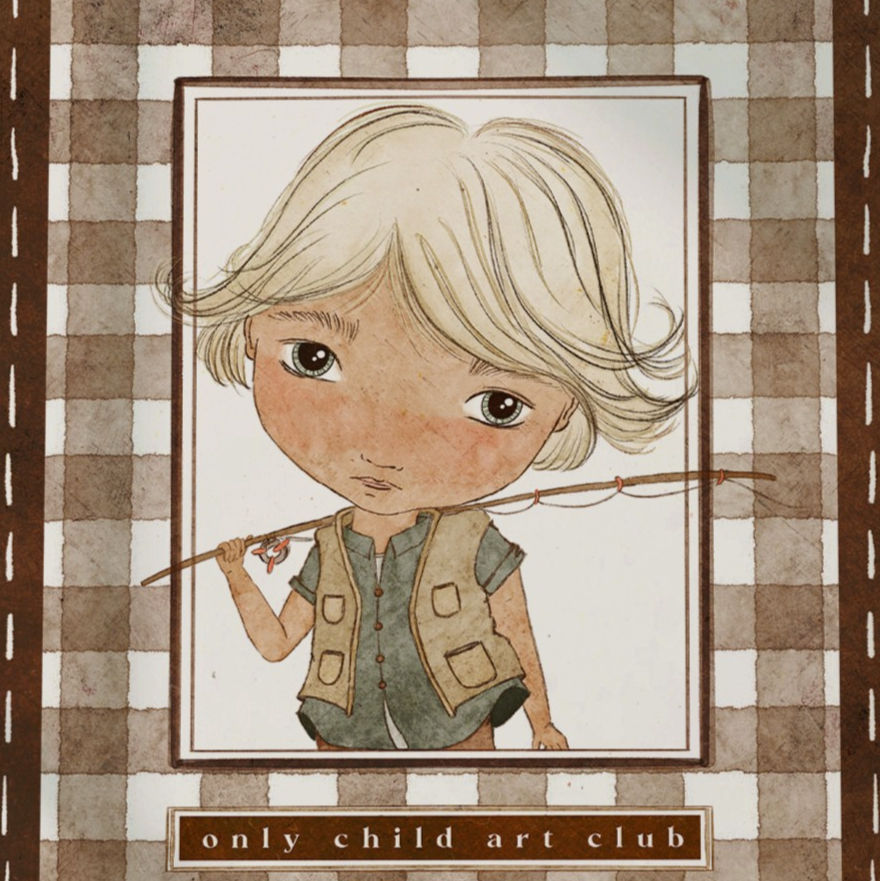 Close-up of Oscar watercolor art featuring a brown checkered border and a fishing outfit.