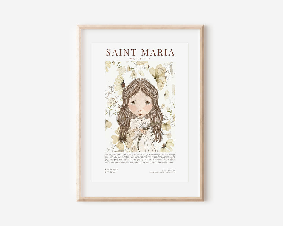 A minimalist mockup of the Saint Maria Goretti children's art print, displayed inside a light timber frame against a clean, w