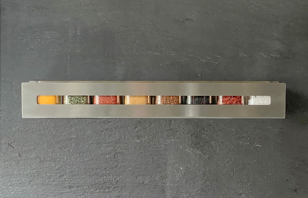 Thumbnail: Stainless Steel Aperture8 spice shelf with multicolor spices on black slate wall