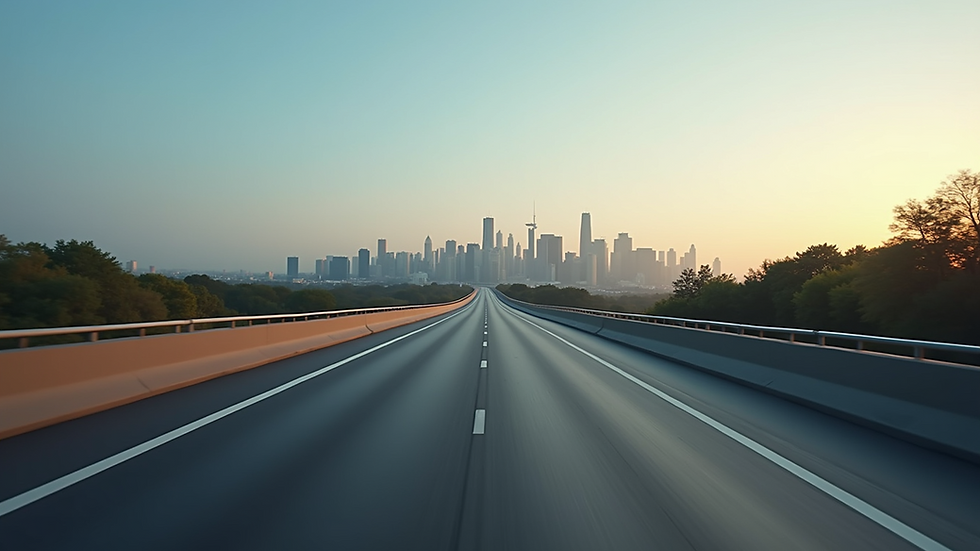 Eye-level view of a highway stretching towards a city skyline
