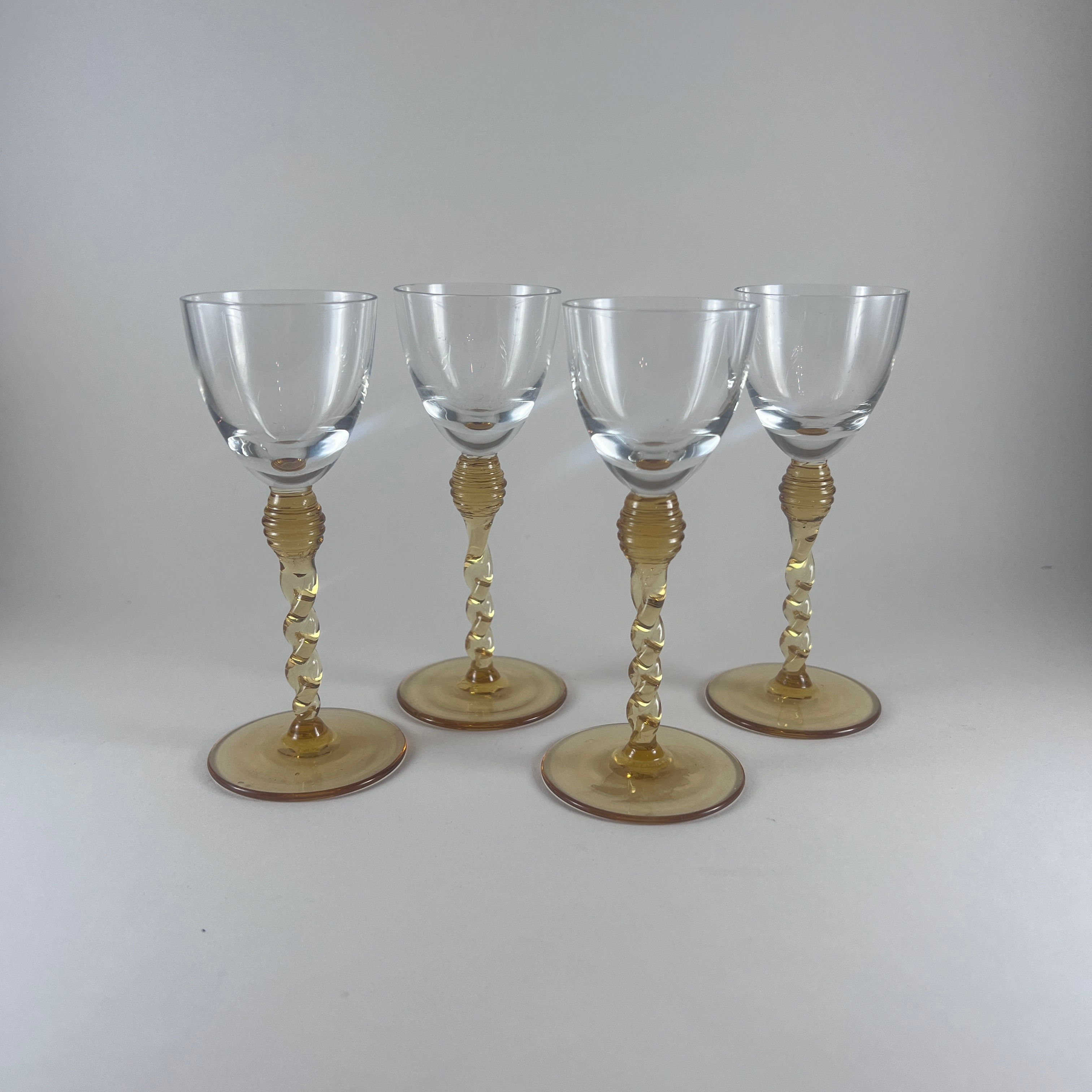 Set of 4 Vintage Twisted Amber Stem Liquor Glasses