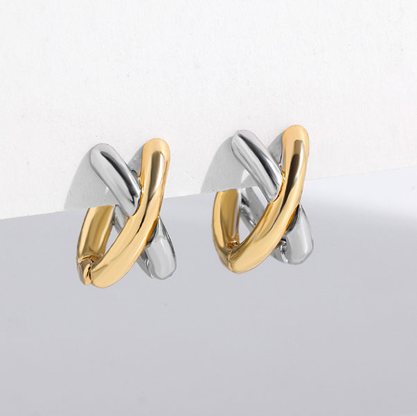 Thumbnail: Criss-cross Gold Silver Colors Tiny HuggieHoop Earring